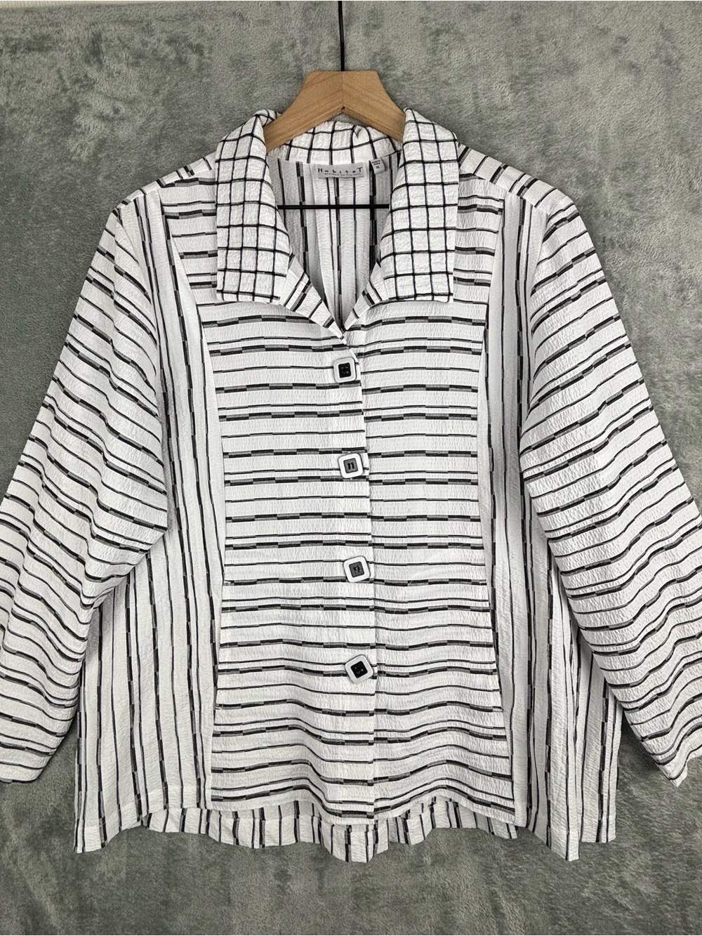 Habitat Blouse XL Gauze Striped Button Front Artsy Lagenlook Coastal Vacation
